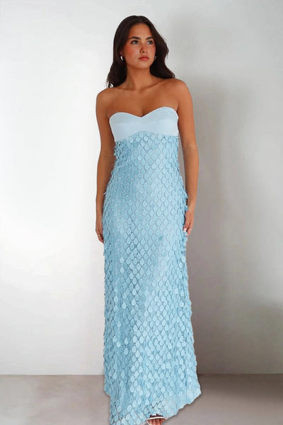 Sheath Strapless Light Blue Satin Sequins Long Prom Dresses VK26010507