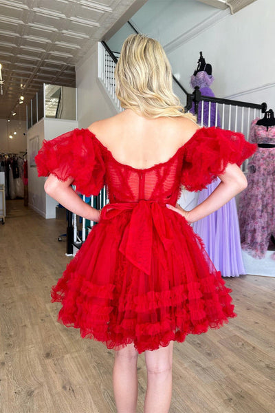 Red Off-the-Shoulder Tulle Ruffle-Layers A-line Homecoming Dress VK23061705