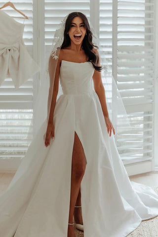 A-Line White Satin Strapless Wedding Dresses with Slit VK23111601