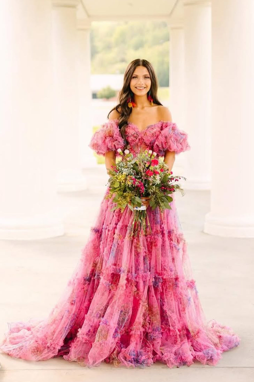 Gorgeous Ball Gown Tiered Pink Floral Tulle Prom Dress VK25060502