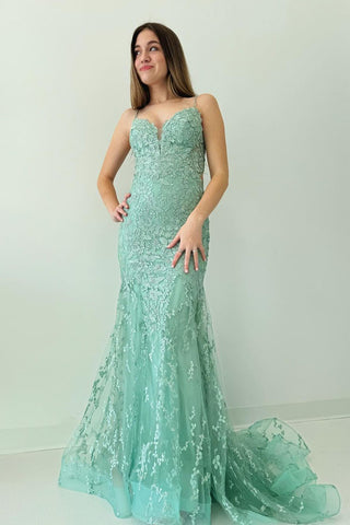 Green V Neck Lace Mermaid Long Prom Dresses VK24011004