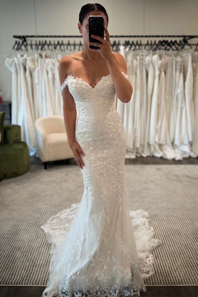 Mermaid Off the Shoulder Tulle Lace Appliques Wedding Dresses with Beadings VK26102809