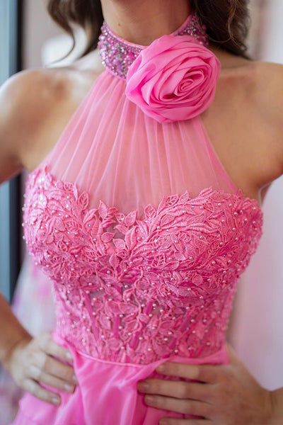 Pink Halter Tiered Chiffon Long Prom Dresses with Appliques VK24012205
