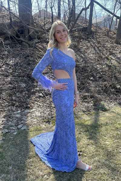 Mermaid One Shoulder Long Sleeve Lavender Sequins Long Prom Dresses with Slit VK25031608
