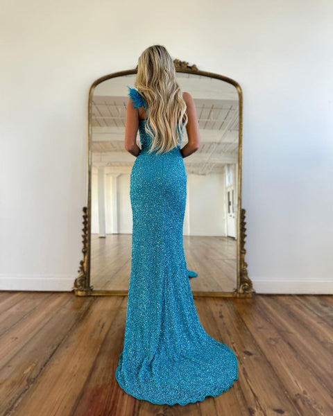 Sparkly Mermaid One Shoulder Blue Sequins Long Prom Dresses VK23050510