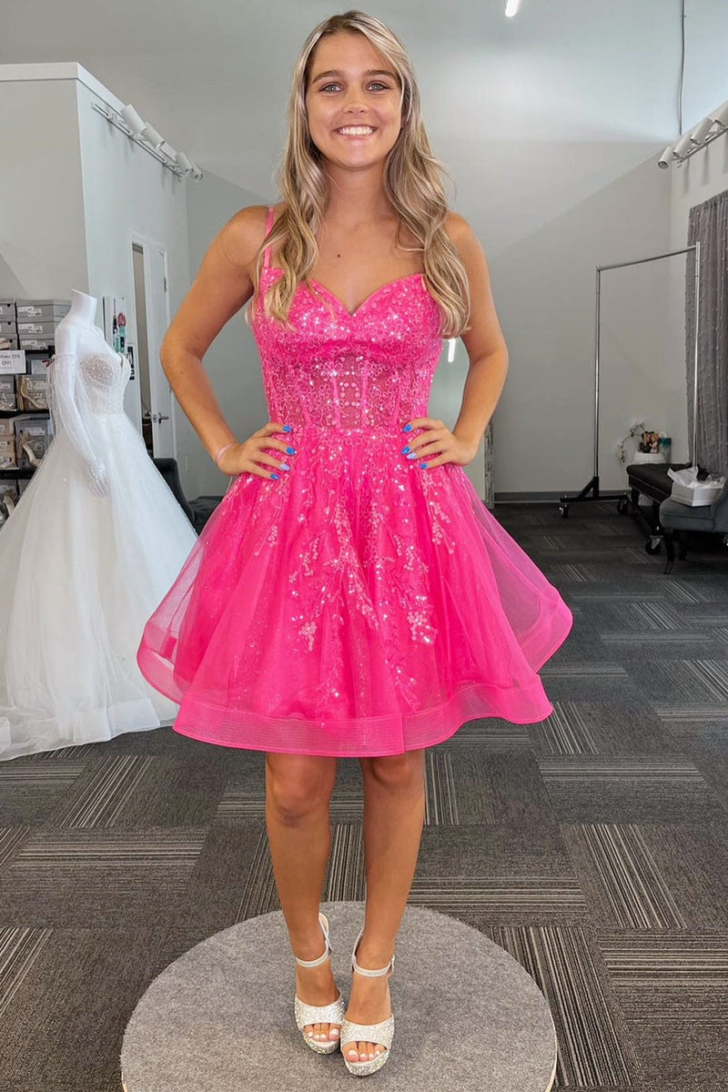 Hot Pink Straps Sequin A-Line Short Homecoming Dress VK23081202