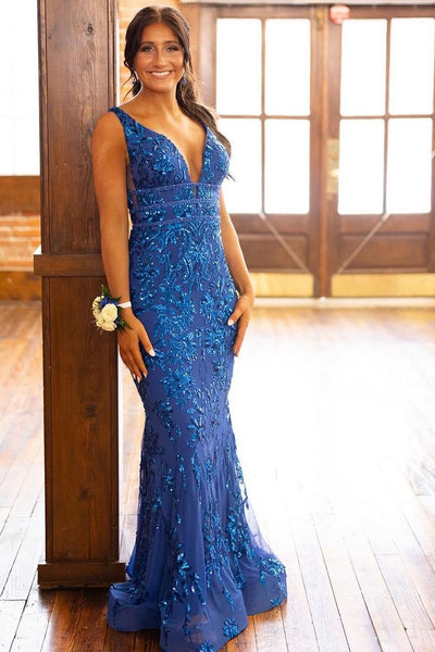 Blue V Neck Sequins Mermaid Long Prom Dresses VK24041403