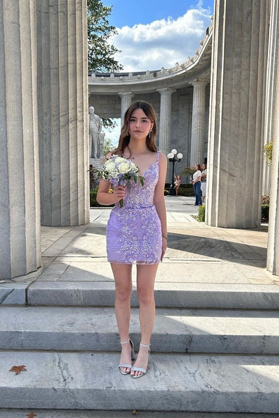 Lilac Sequin Lace V Neck Short Homecoming Dresses VK23101303