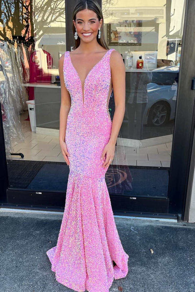 Periwinkle Iridescent Sequin Plunge V Mermaid Long Formal Dress VK23092402