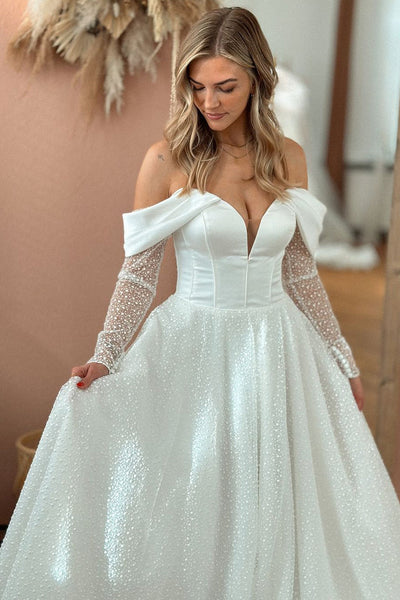 Bohemian Off the Shoulder Sequins Wedding Dresses with Long Sleeves VK1312