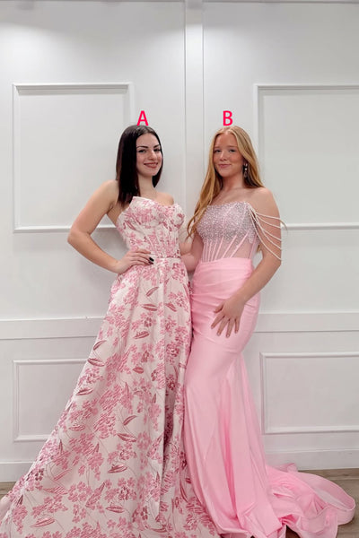 Cute A-Line Strapless Pink Jacquard Satin Long Prom Dresses VKPD007