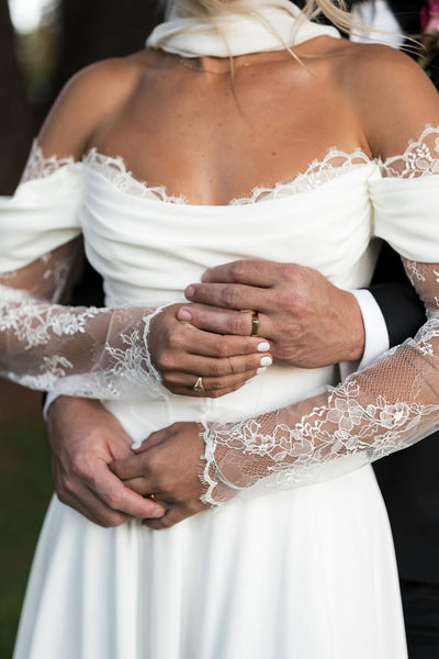 Fairy A Line Off the Shoulder Satin Long Wedding Dress with Slit VK25060904