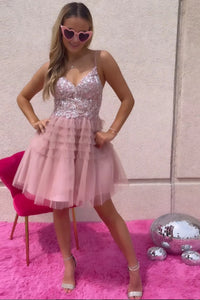 Blush A-Line Spaghetti Straps Tulle Short Homecoming Dress with Lace VK23082804