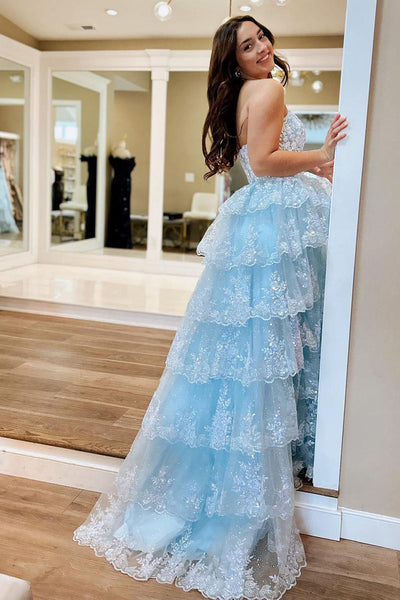 Cute A Line Strapless Light Blue Ruffle Tulle Lace Prom Dresses