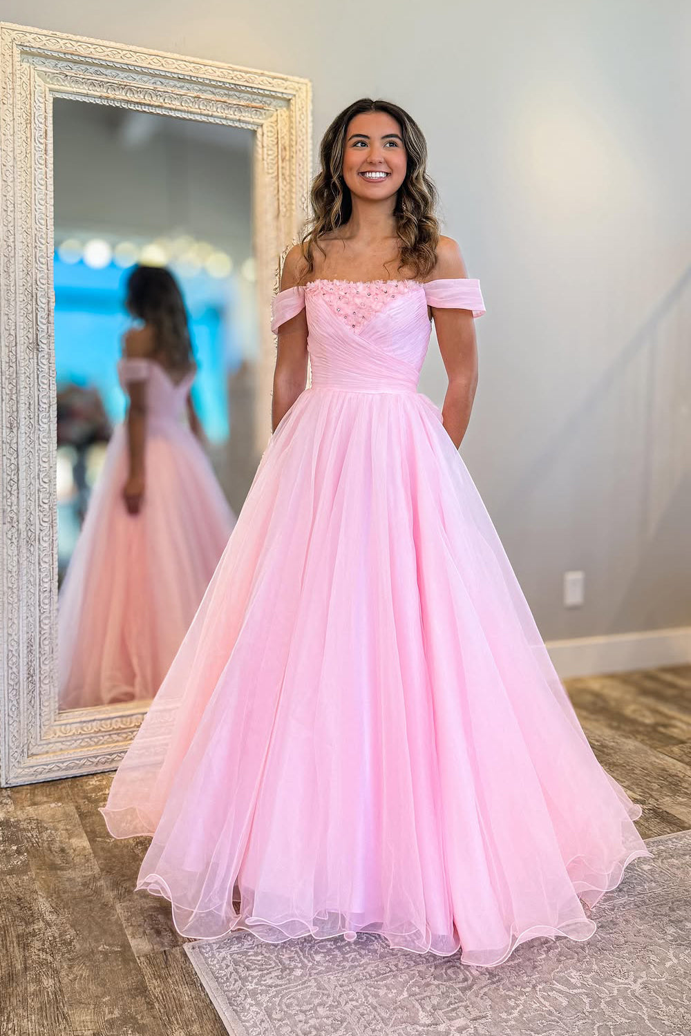 Ball Gown Off the Shoulder Pink Tulle Prom Dress with Beading VK15120103