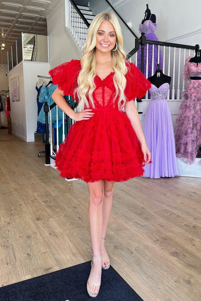 Red Off-the-Shoulder Tulle Ruffle-Layers A-line Homecoming Dress VK23061705