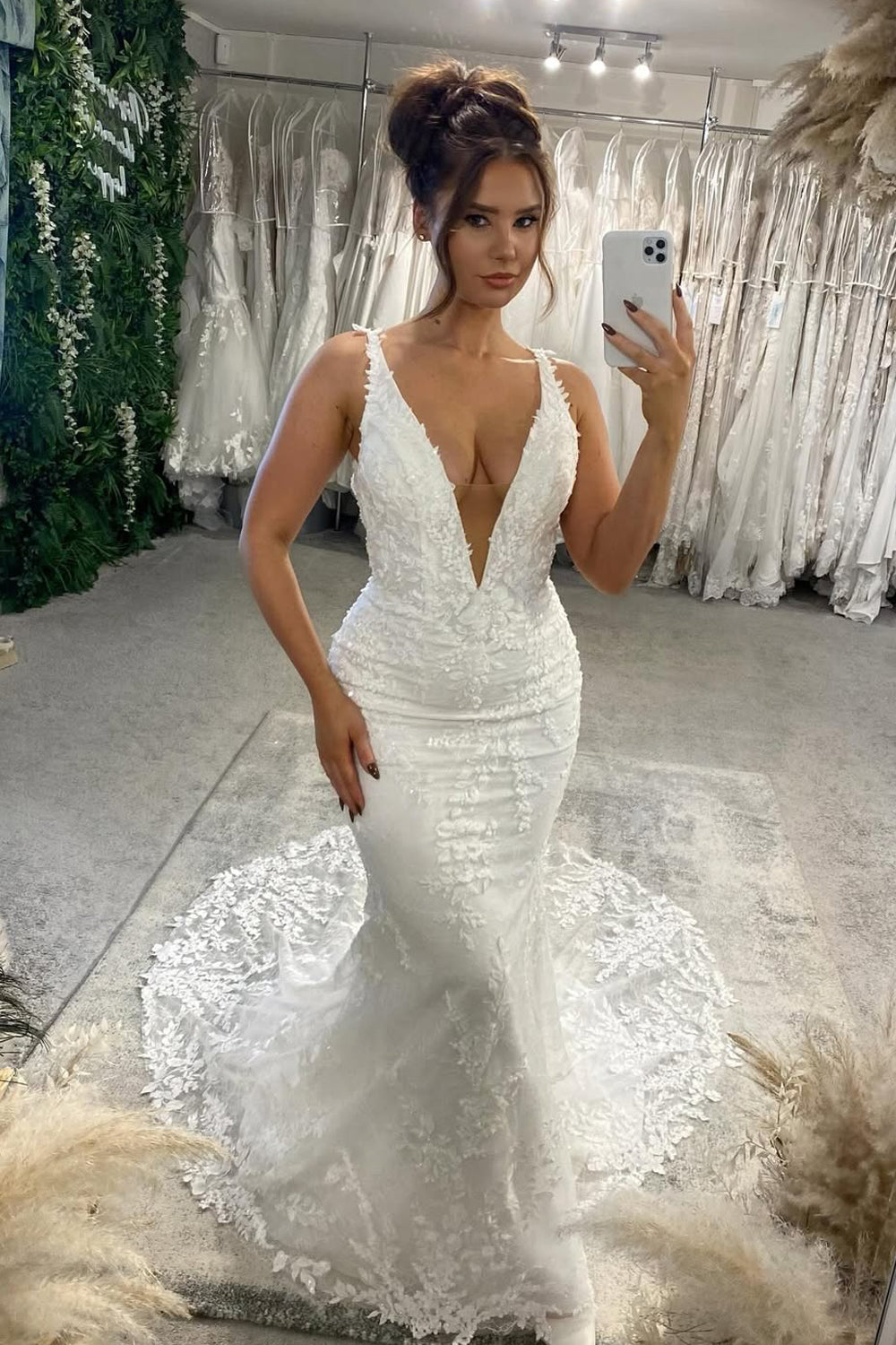 Mermaid V Neck Lace Satin Wedding Dress with Appliques VK5111209