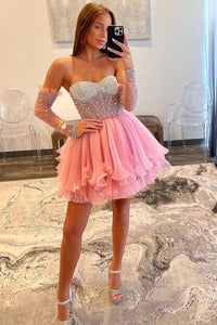 Stunning A-Line Sweetheart Pink Beaded Homecoming Dresses with Sleeves VK23081912