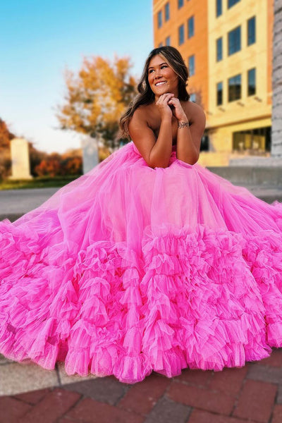 Princess A-Line Pink Sweetheart Tiered Tulle Long Prom Dresses VK23121404