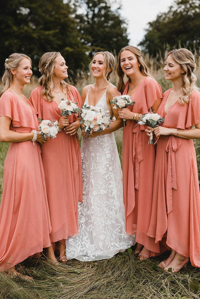 Coral chiffon hotsell bridesmaid dresses
