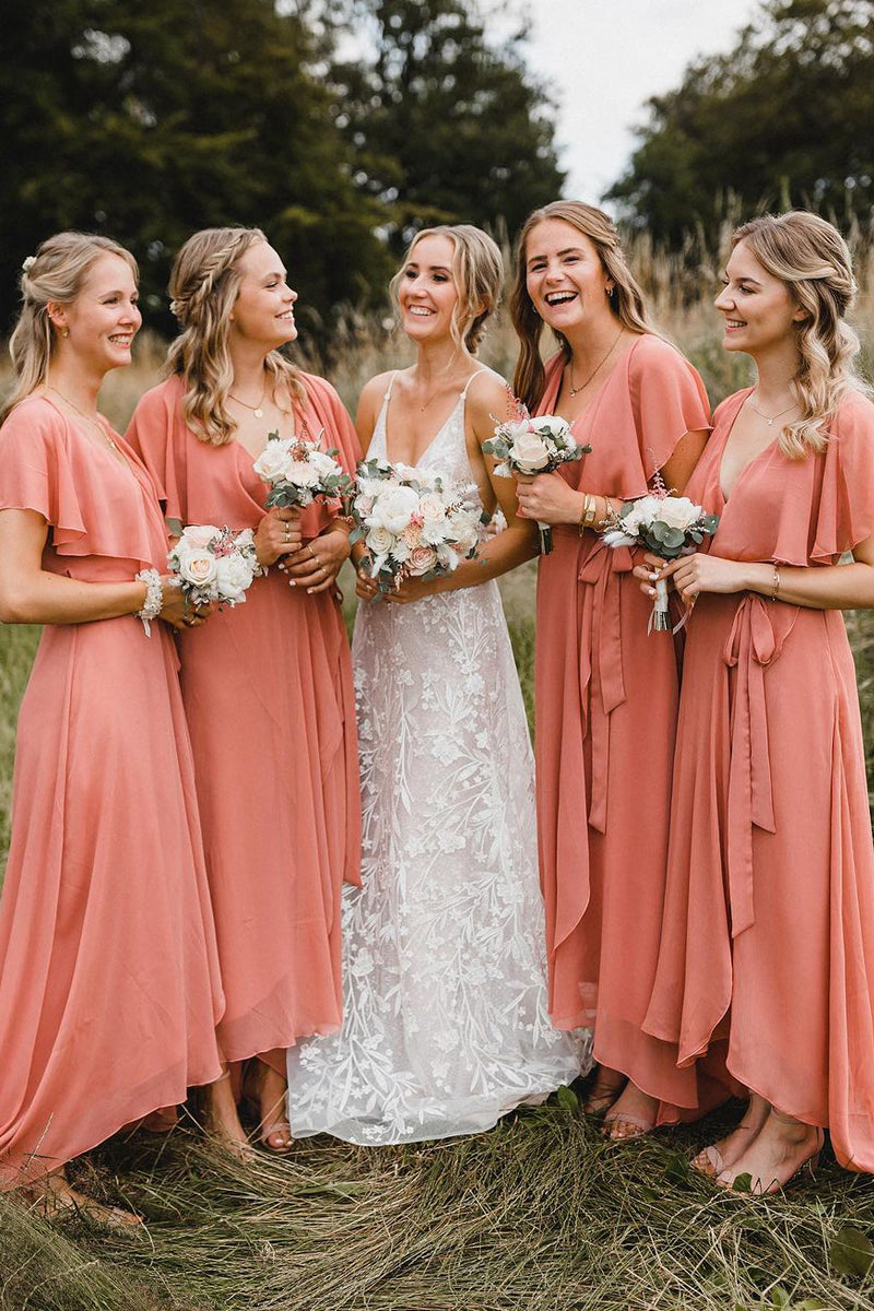 coral dress for wedding Simple A-Line Coral Chiffon Long Bridesmaid Dresses VK23090206 – Vickidress
