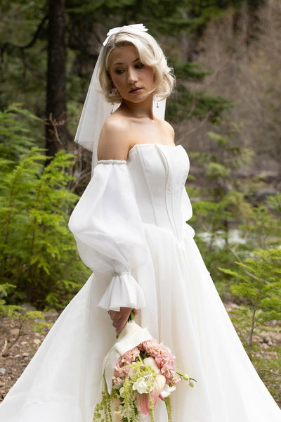 Charming A-Line Strapless White Satin Organza Wedding Dresses with Long Sleeves VK25102002