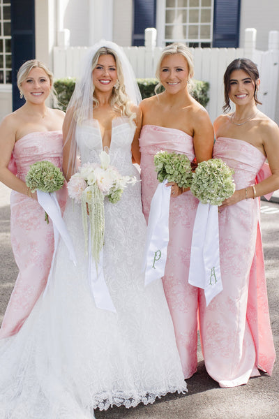 Cute Sheath Light Pink Jacquard Satin Long Bridesmaid Dresses with Big Bow VK26102909