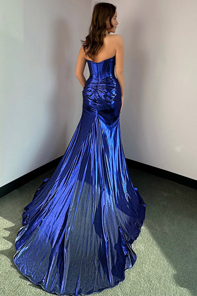 Mermaid Strapless keyhole Royal Blue Satin Long Prom Dresses with Slit VK021209