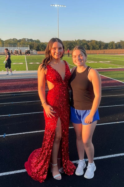 Gorgeous Mermaid V Neck Red Sequins Beading Long Prom Dress with Slit VK25100702