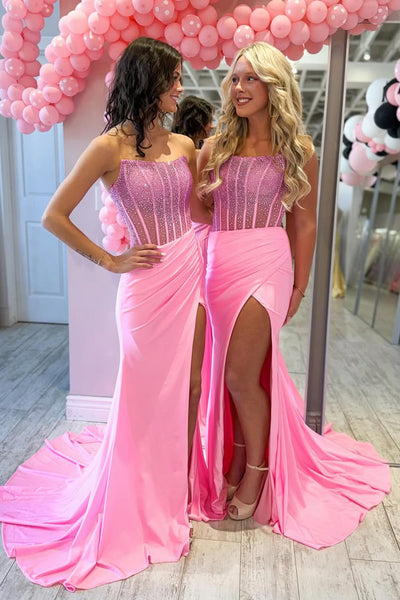 Mermaid Strapless Pink Satin Long Prom Dresses with Beads VKPD005