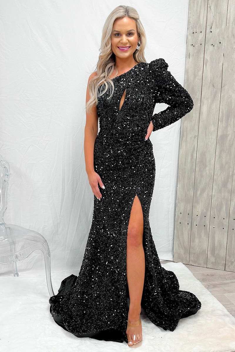 Black Sequin One-Sleeve Mermaid Long Prom Dress with Slit VK23092404
