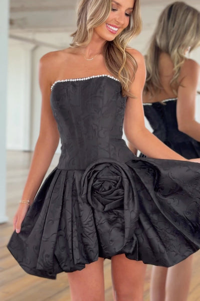 A Line Strapless Black Jacquard Satin Homecoming Dress VK26070715