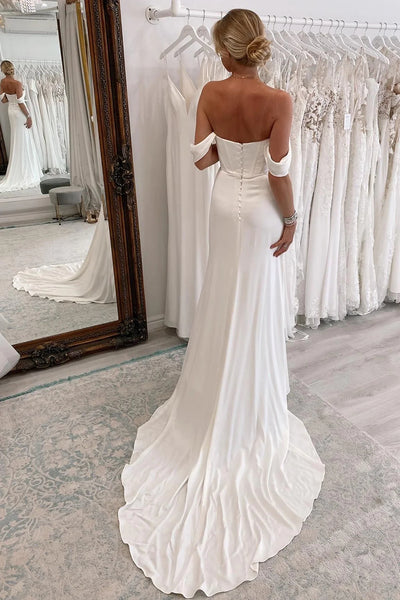 Simple White Long Boho Mermaid Wedding Dress with Slit VK23101709