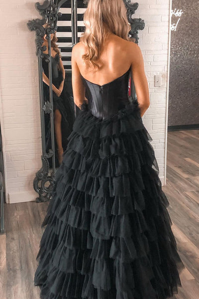 Black Sweetheart Tiered Satin Long Prom Dresses with Slit VK23112210