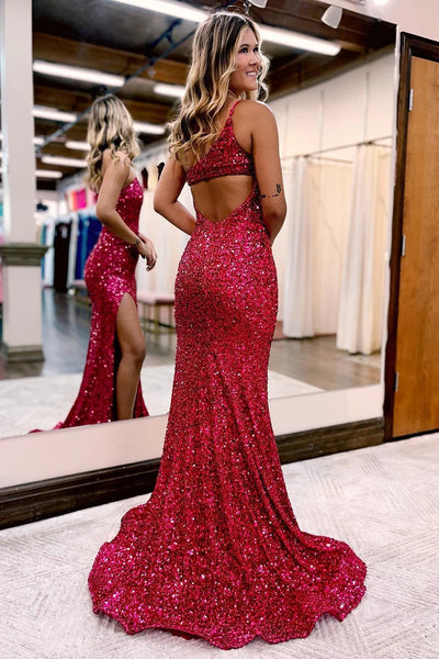 Burgundy One Shoulder Sequins Prom Dress with Slit VK23101904