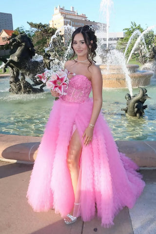 Cute Ball Gown Sweetheart Pink Tiered Tulle Prom Dress with Slit VK2505250