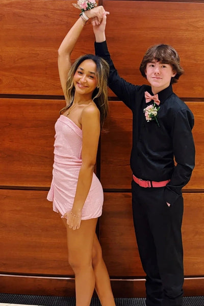 Sparkly Pink Sequin Strapless Ruched Mini Homecoming Dress with Side Drape VK25092903