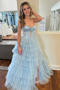 Cute A Line Sweetheart Light Blue Glitter Tulle Long Prom Dress VK25010603