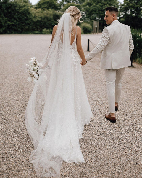 Bohemian A Line V Neck Tulle Long Wedding Dresses with Appliques VK23052602
