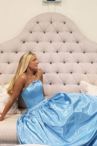 Cute A-Line Strapless Blue Satin Prom Dresses with Bow VK26020501