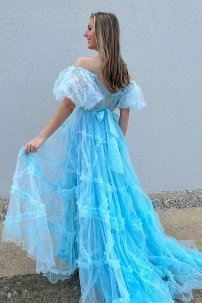 Light Blue Sweetheart Ruffle Tulle Long Prom Dresses VK24031901
