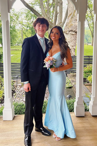 Charming Mermaid V Neck Light Blue Elastic Satin Long Prom Gown VK25060208