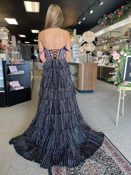 Fashion A Line Off the Shoulder Black Satin Tiered Slit Prom Dresses with Beads