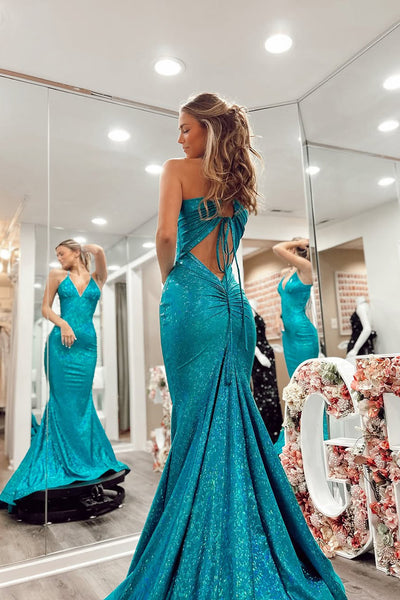 Mermaid Halter Blue Sequins Long Prom Dresses VK25031109