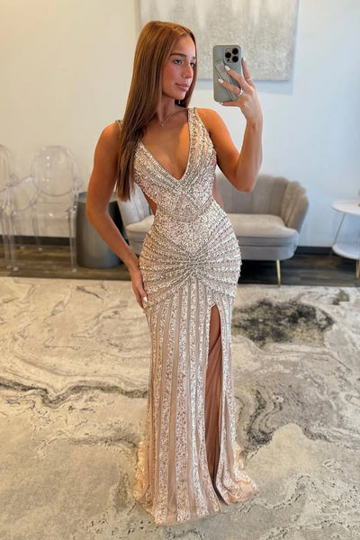 Sparkly Mermaid Deep V Neck Sequins Long Prom Dresses with Slit VK26020707