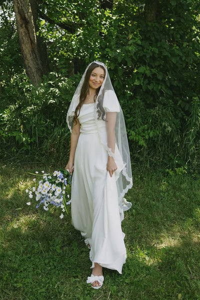 A-Line Square Neck Short Sleeve Silk Satin Wedding Dresses VK25092307