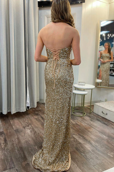 Gold Strapless Sequins Mermaid Prom Dresses with Slit VK24010805