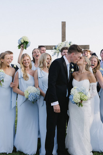 Sheath One Shoulder Bow Blue Chiffon Long Bridesmaid Dresses with Slit VK26081507