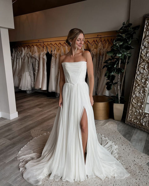 Chiffon A Line Strapless Corset Pleated Bridal Wedding Dresses with Split  VK25101401