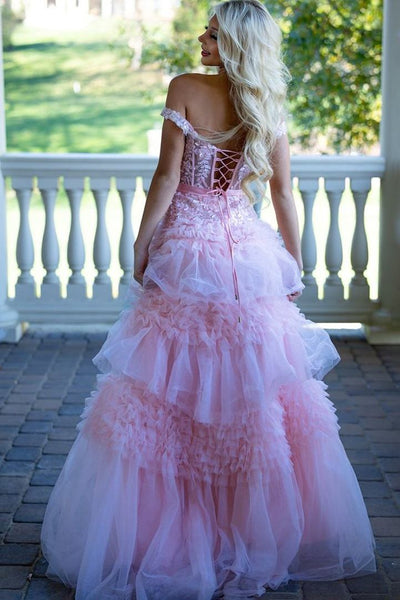 Ball Gown Off the Shoulder Pink Layered Ruffled Long Prom Dresses with Slit VK26011105